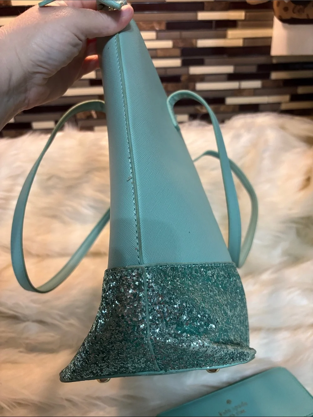 kate spade mint green tote with glitter trim and matching wallet